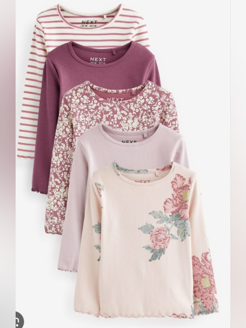 NEXT Girls' 5-Pack Long Sleeve Tops - Pink & Purple Mix - 9-12 Months